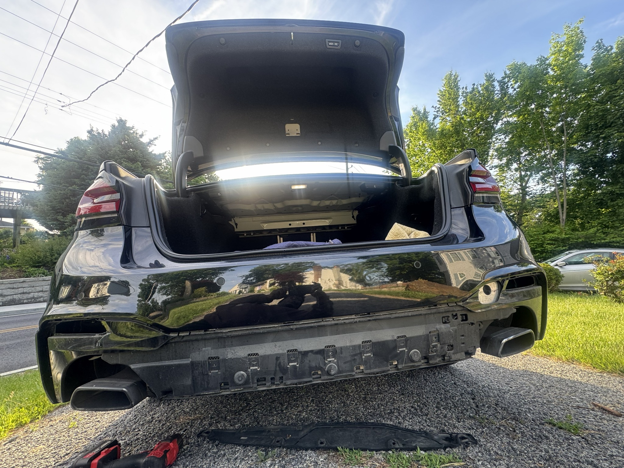 BMW 530i rear bumper repair in progress