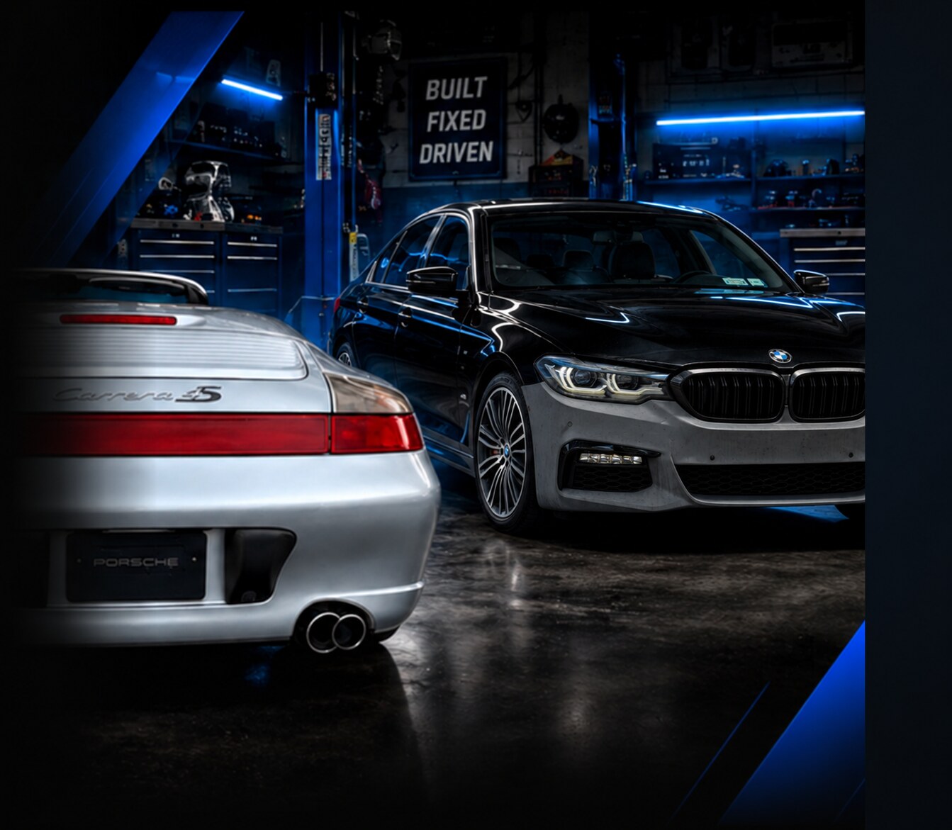 Porsche 911 Carrera 4S and Arthur's BMW 530i project car in a blue-lit garage